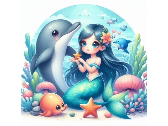 A Cute 3D Mermaid Playing with a Friend: A Versatile and Charming Digital Illustration
