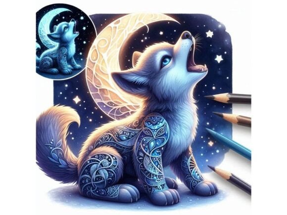 Captivating 3D Baby Wolf with Glowing Moon